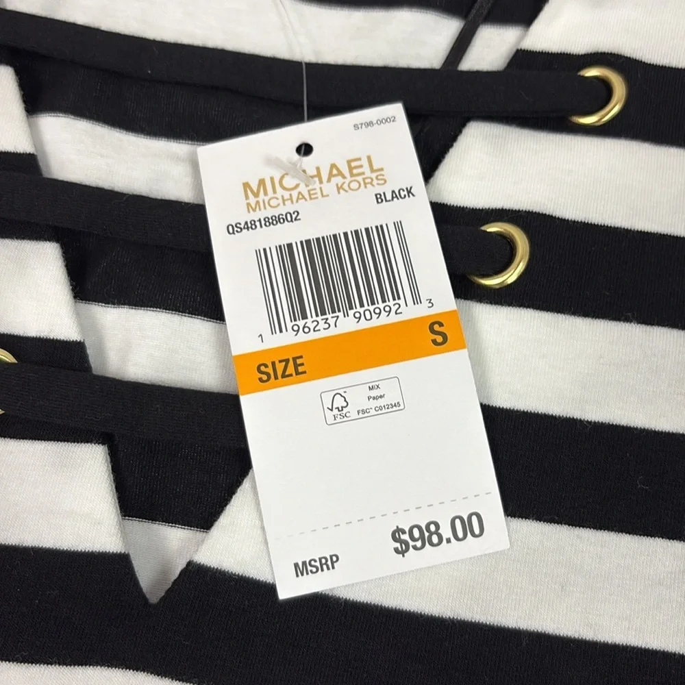 NEW Michael Kors Short Sleeve Lace Detailed Neckline Striped Dress Size Small